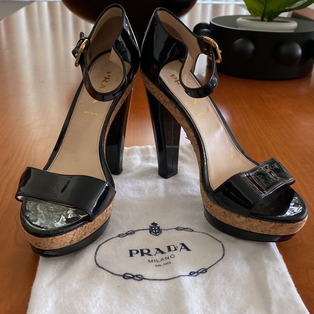 Prada - Black Patent Leather Cork Platform Heel (EU 39 / US 8.5)